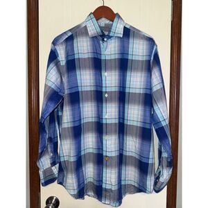 Thomas Dean 100% Cotton‎ Blue Plaid Button Up Size Large